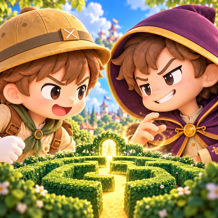 明るい庭の迷路を挟んで、探検家と魔法使いが向き合うMaze Stadiumのアート